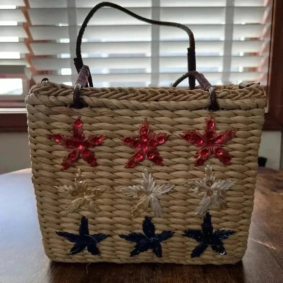 Sonoma patriotic straw bag, red, white & blue sequin embellished stars - Picture 7 of 13